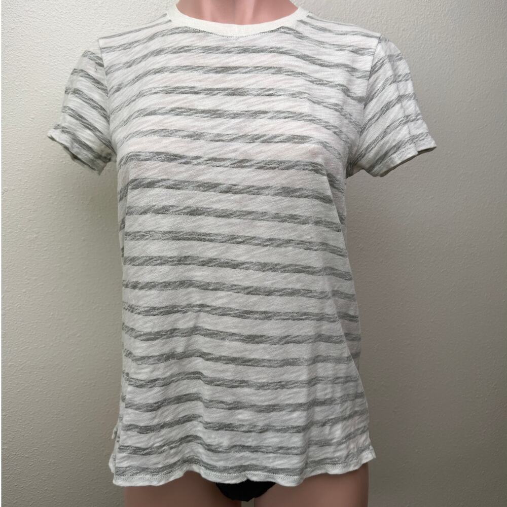 ATM Cream and Green Gray Striped Round Neck Short Sleeve T-shirt